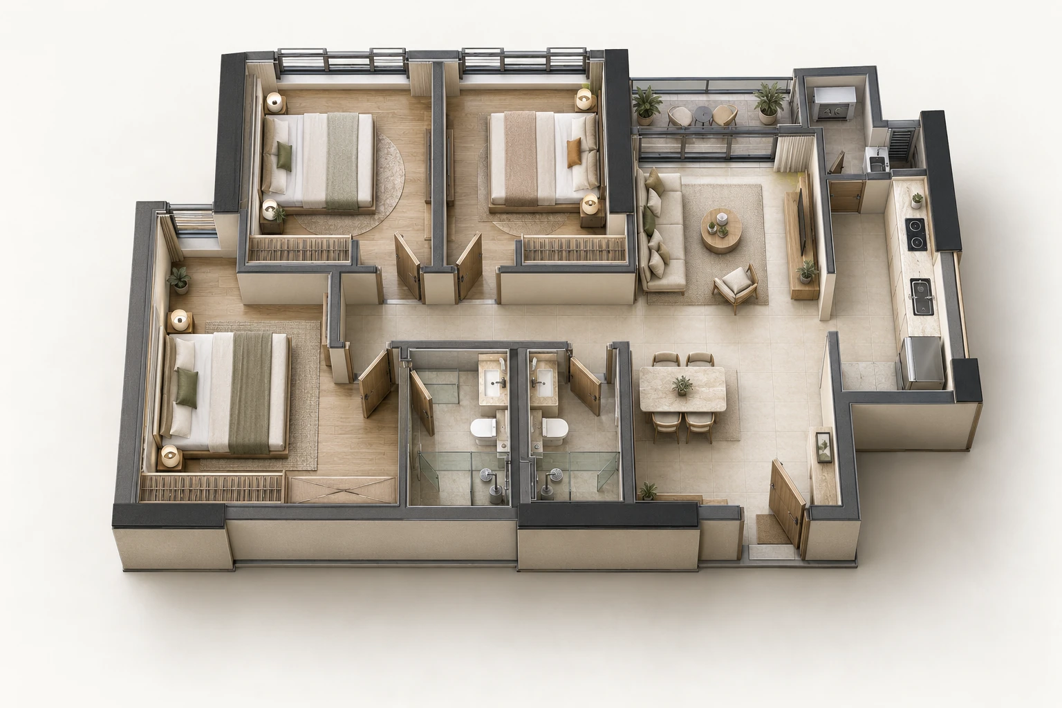 Phối cảnh 3D bóc mái minh họa căn 3 phòng ngủ Lumi Prestige, tham chiếu Layout 17
