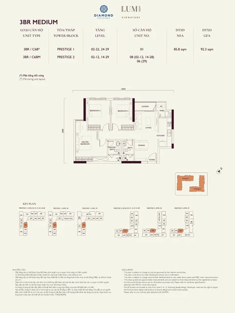Mặt bằng gốc Layout 17 Lumi Prestige có 3 phòng ngủ