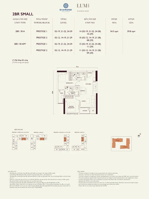 Mặt bằng gốc Layout 21 Lumi Prestige có 2 phòng ngủ
