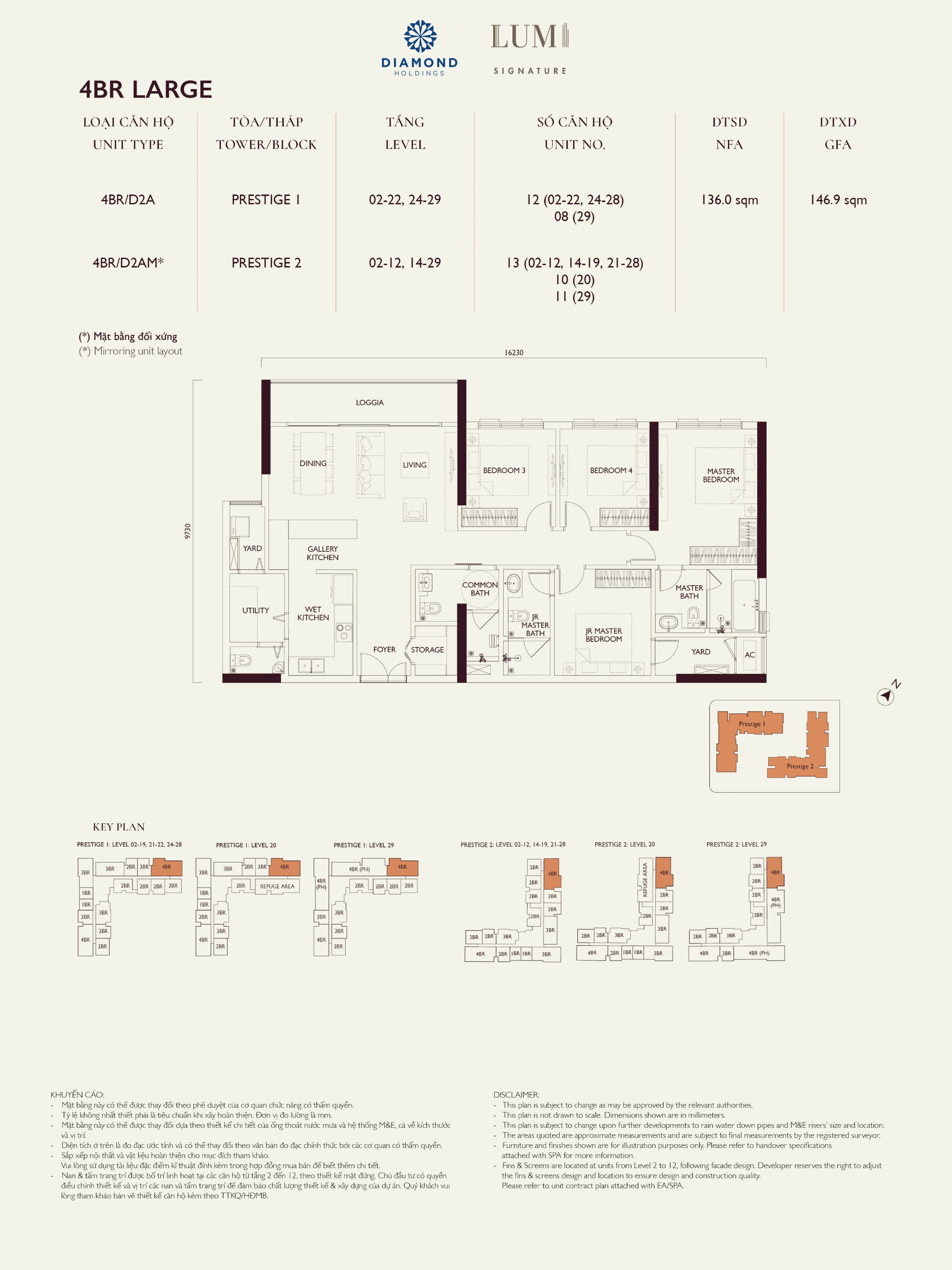 Bản vẽ layout căn hộ Lumi Prestige số 01, loại 4BR LARGE, 4 phòng ngủ, NFA 136.0 m² và GFA 146.9 m²