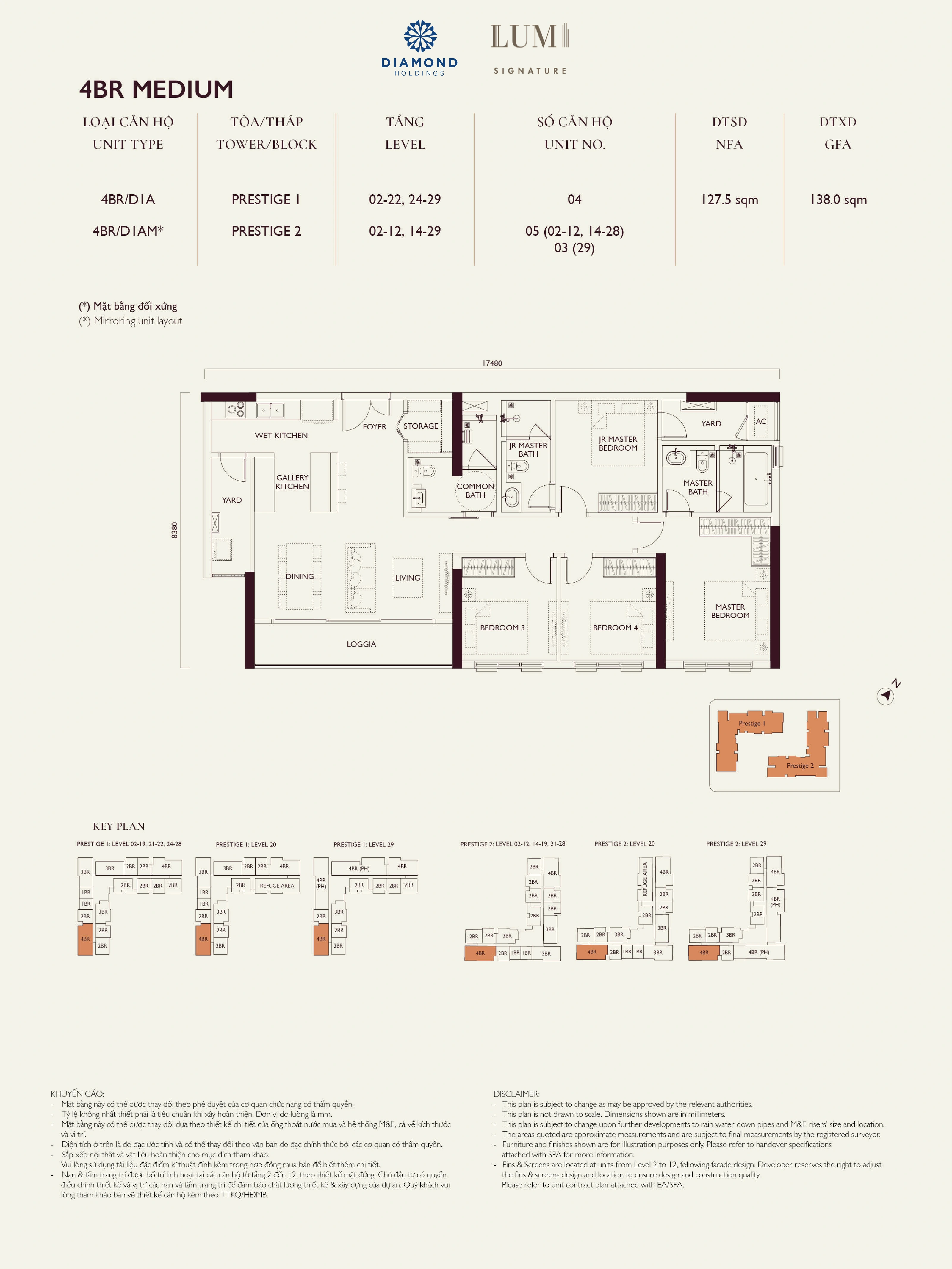Bản vẽ layout căn hộ Lumi Prestige số 02, loại 4BR MEDIUM, 4 phòng ngủ, NFA 127.5 m² và GFA 138.0 m²