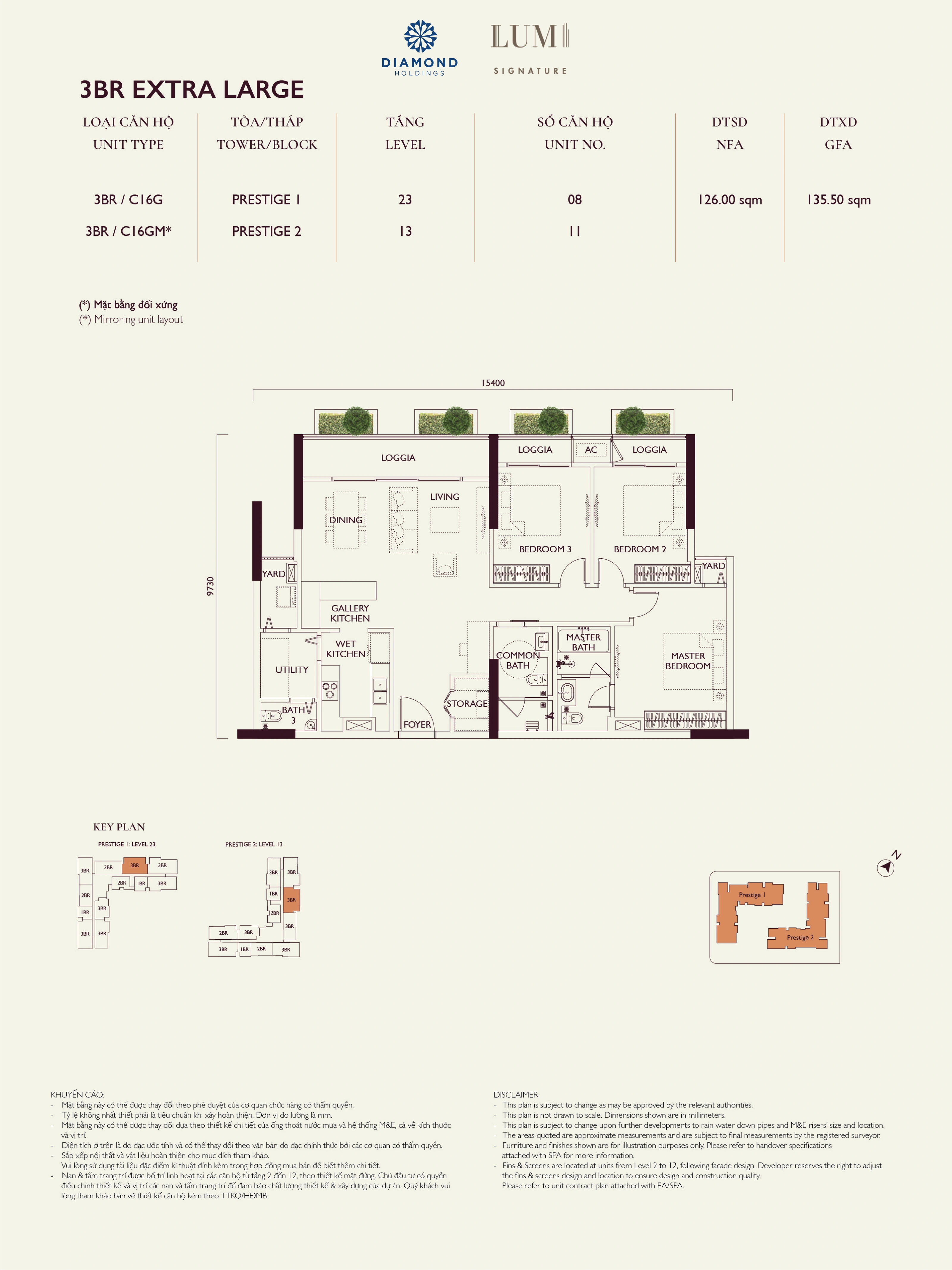 Bản vẽ layout căn hộ Lumi Prestige số 03, loại 3BR EXTRA LARGE, 3 phòng ngủ, NFA 126.00 m² và GFA 135.50 m²