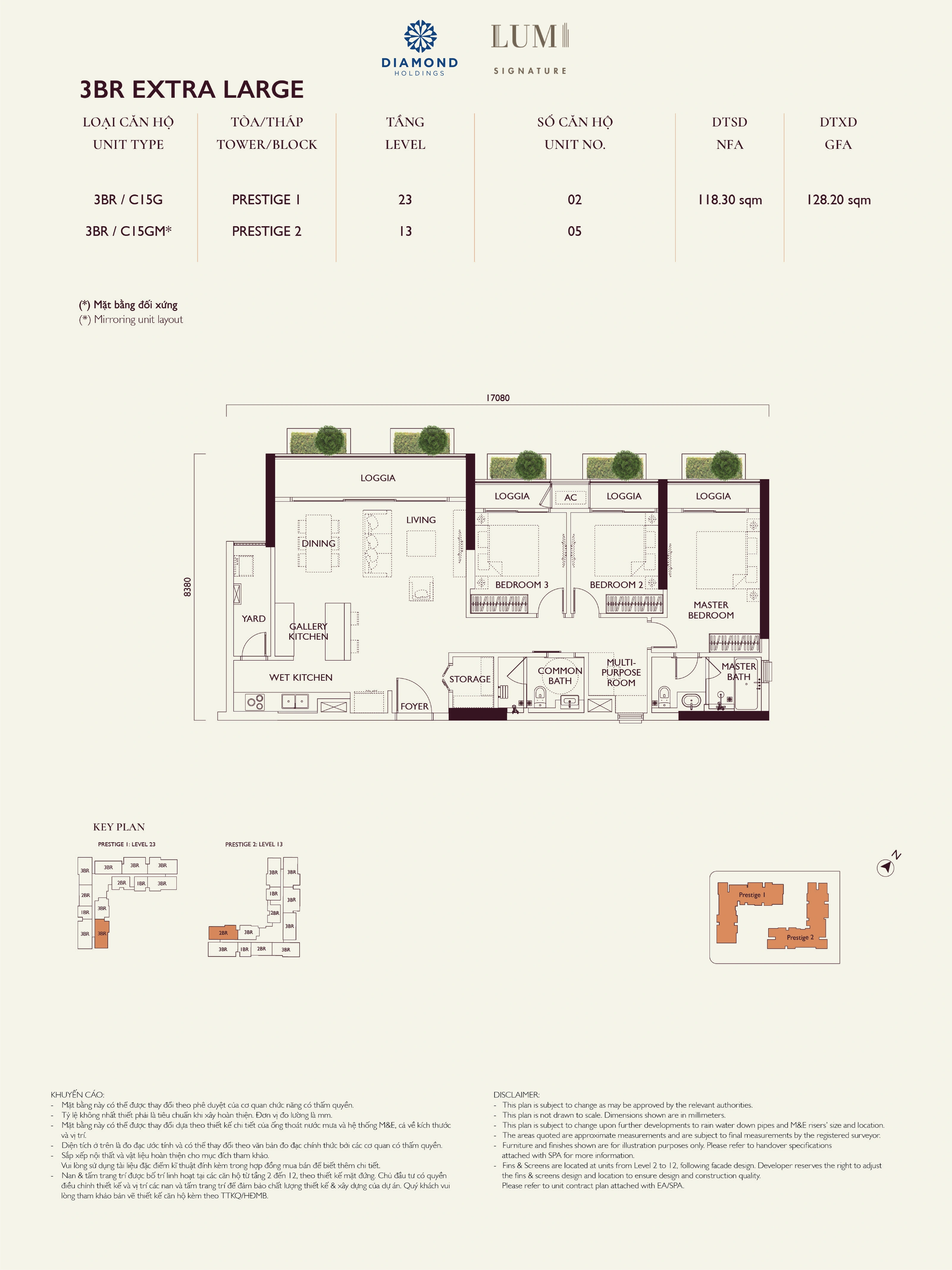 Bản vẽ layout căn hộ Lumi Prestige số 04, loại 3BR EXTRA LARGE, 3 phòng ngủ, NFA 118.30 m² và GFA 128.20 m²