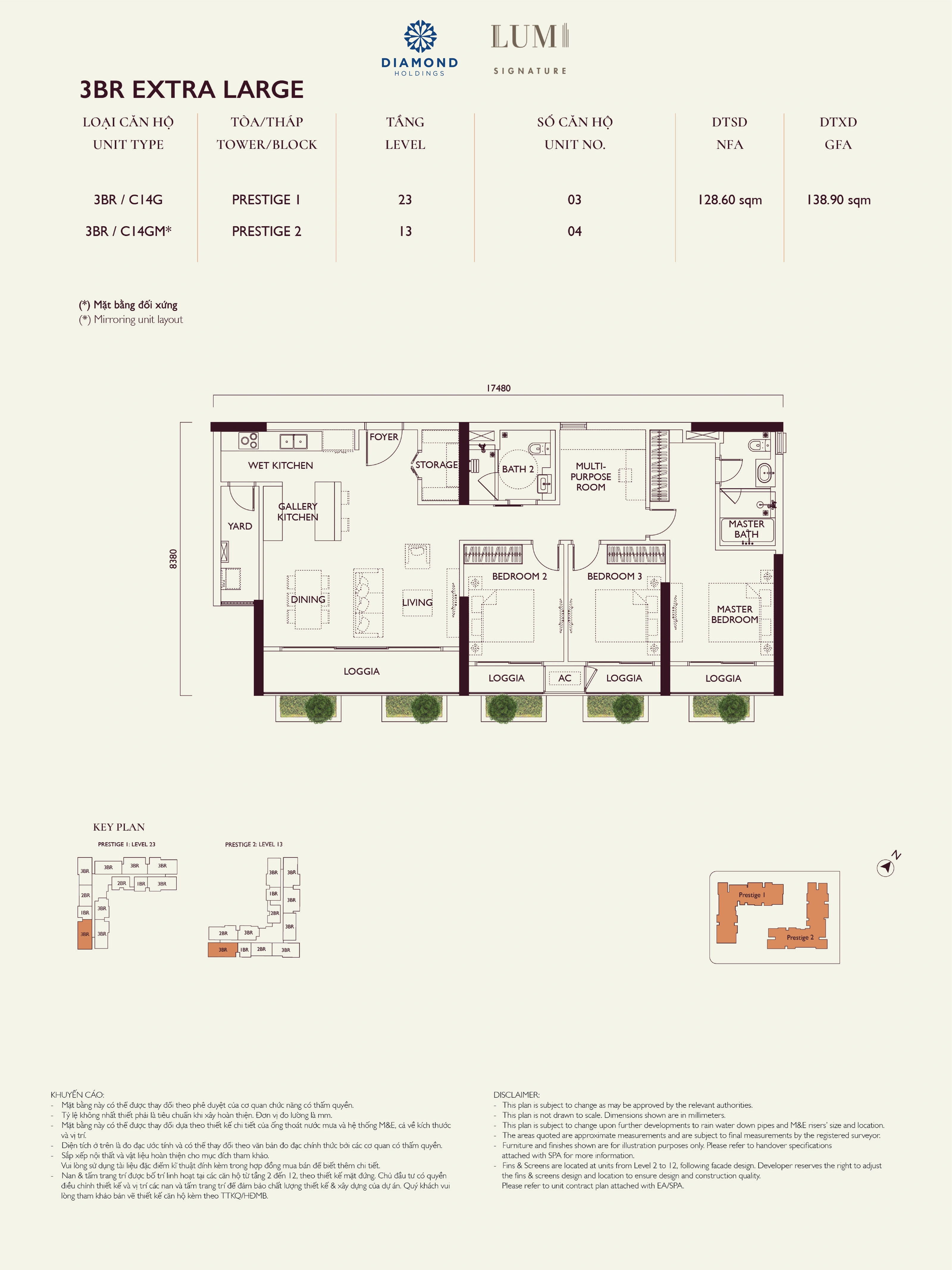 Bản vẽ layout căn hộ Lumi Prestige số 05, loại 3BR EXTRA LARGE, 3 phòng ngủ, NFA 128.60 m² và GFA 138.90 m²