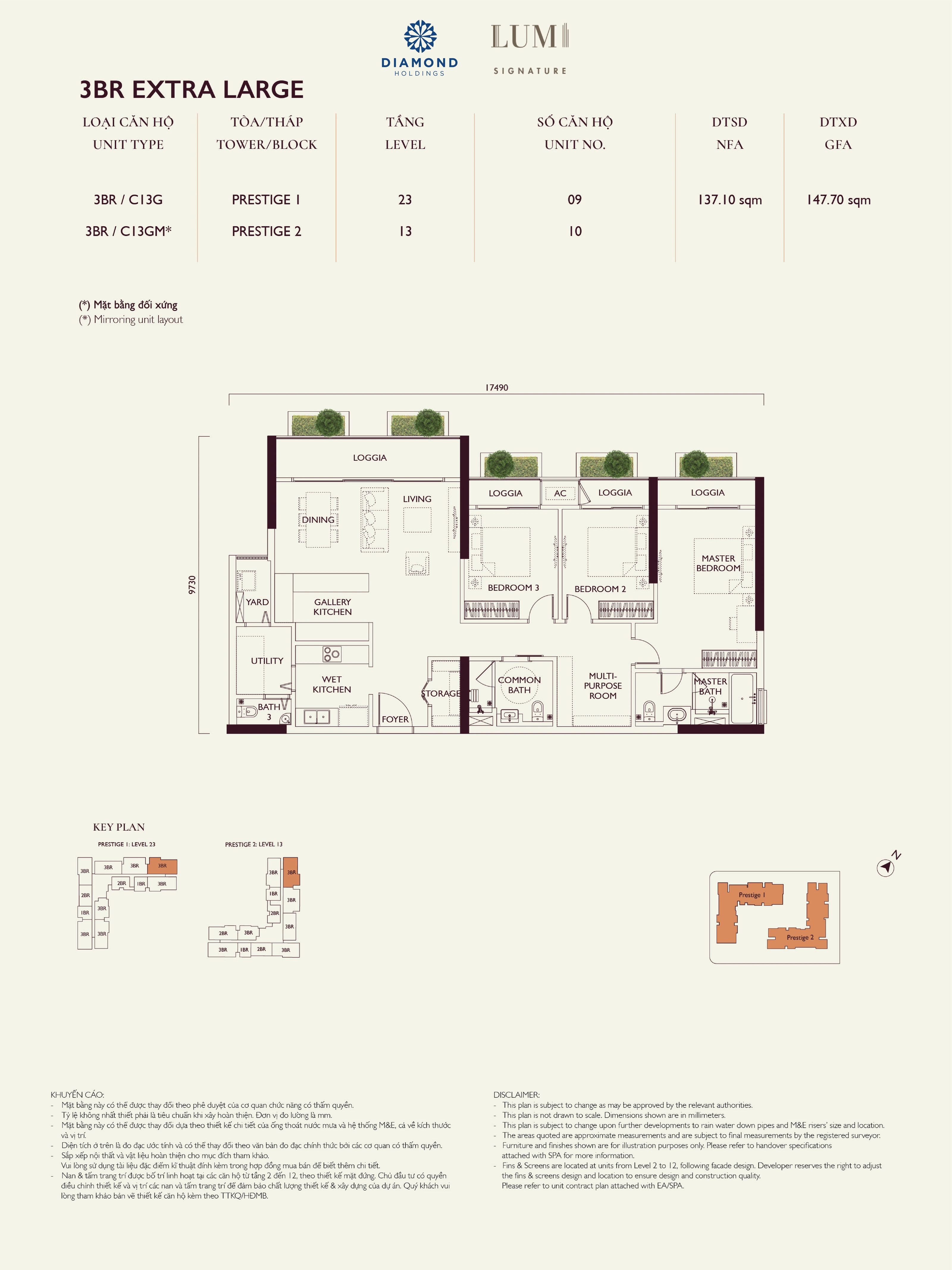 Bản vẽ layout căn hộ Lumi Prestige số 06, loại 3BR EXTRA LARGE, 3 phòng ngủ, NFA 137.10 m² và GFA 147.70 m²
