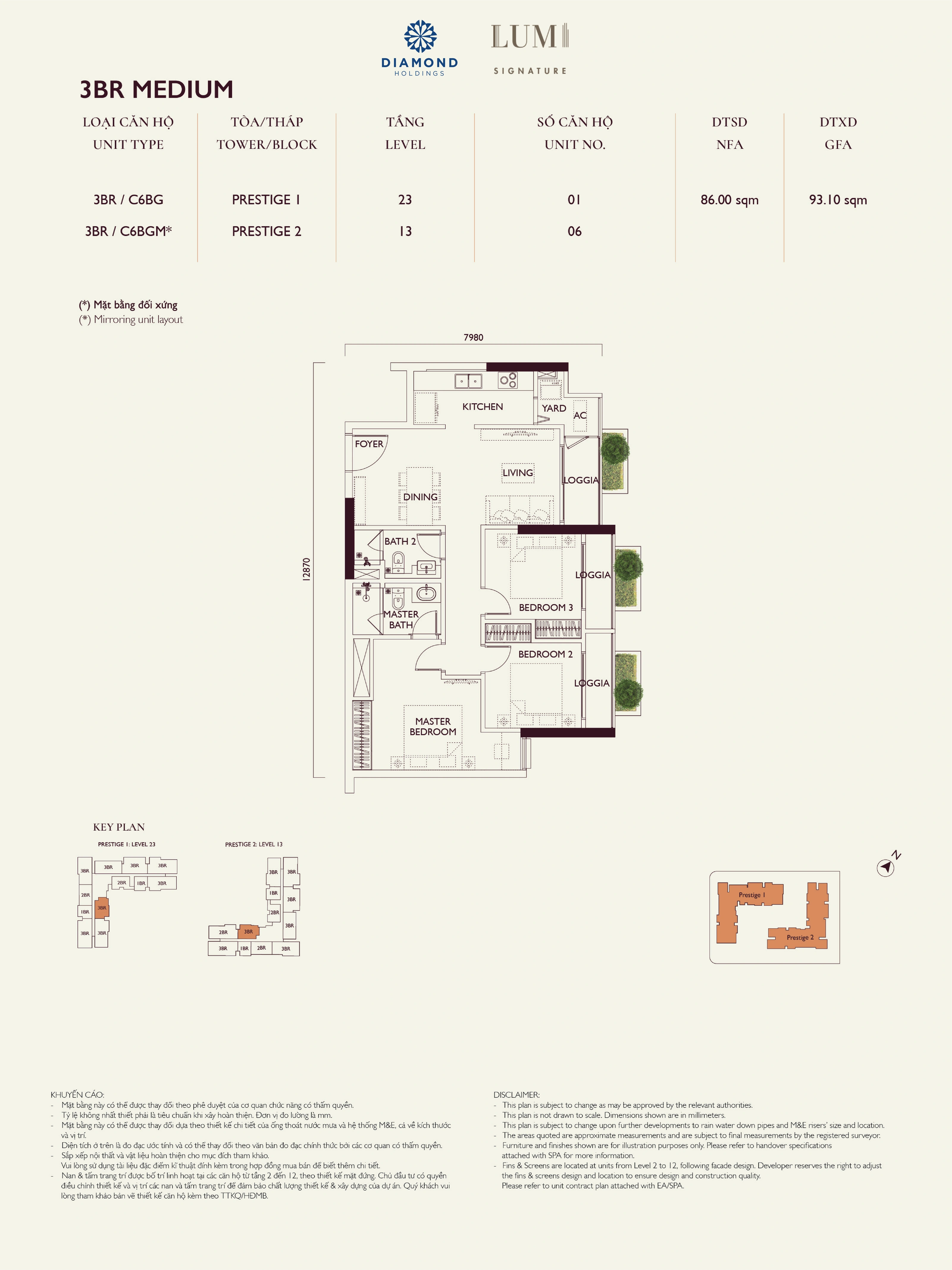 Bản vẽ layout căn hộ Lumi Prestige số 07, loại 3BR MEDIUM, 3 phòng ngủ, NFA 86.00 m² và GFA 93.10 m²