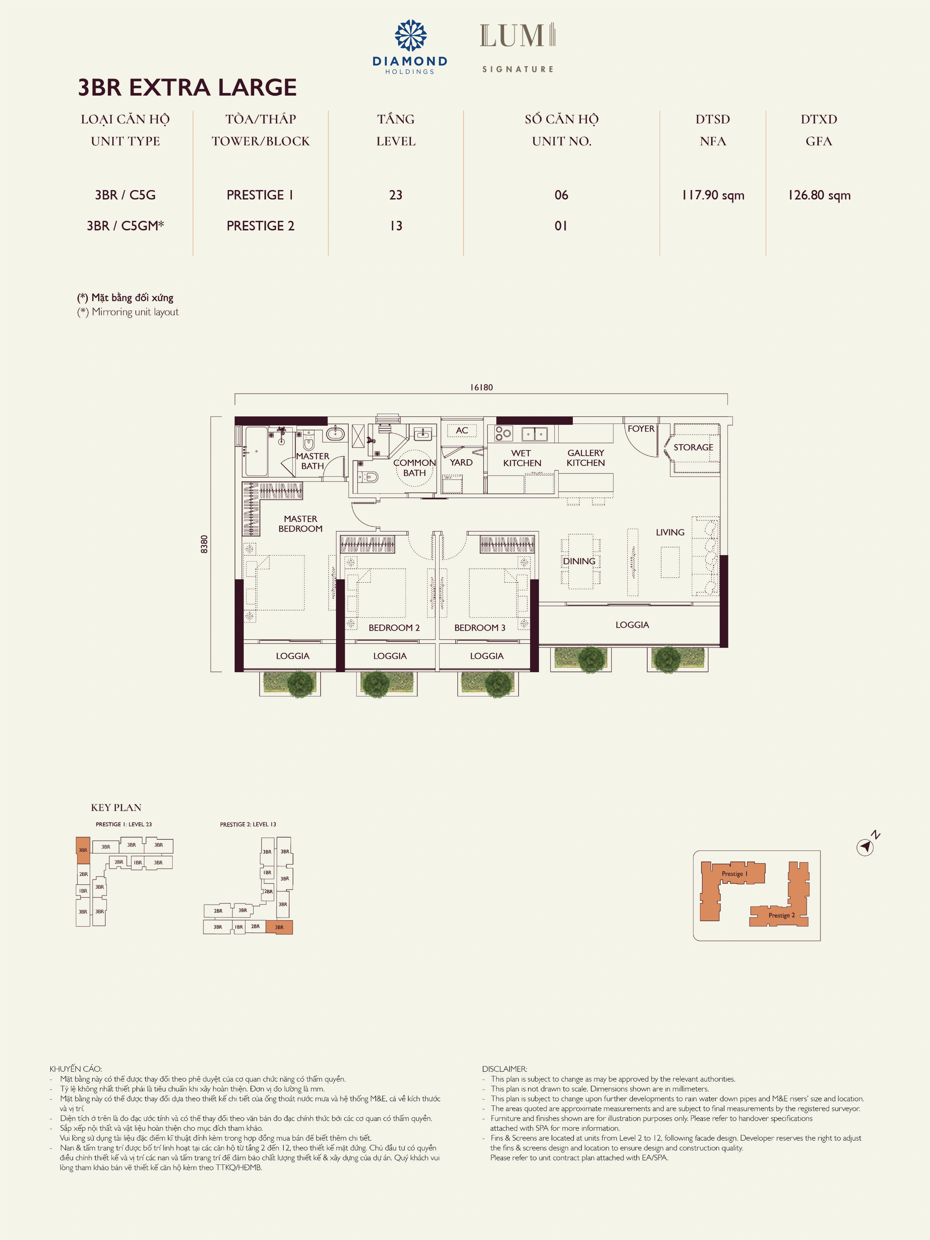 Bản vẽ layout căn hộ Lumi Prestige số 08, loại 3BR EXTRA LARGE, 3 phòng ngủ, NFA 117.90 m² và GFA 126.80 m²