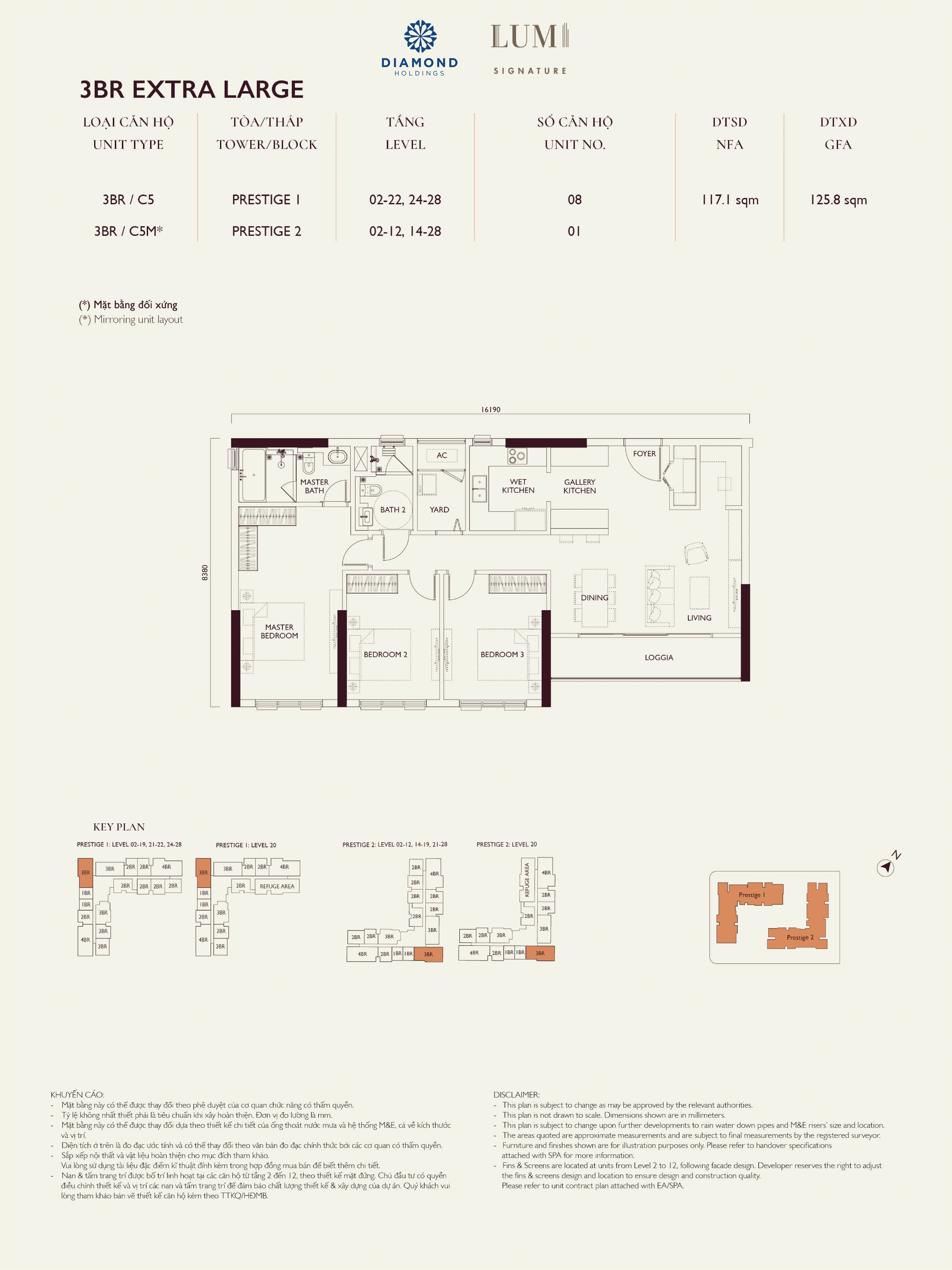 Bản vẽ layout căn hộ Lumi Prestige số 09, loại 3BR EXTRA LARGE, 3 phòng ngủ, NFA 117.1 m² và GFA 125.8 m²