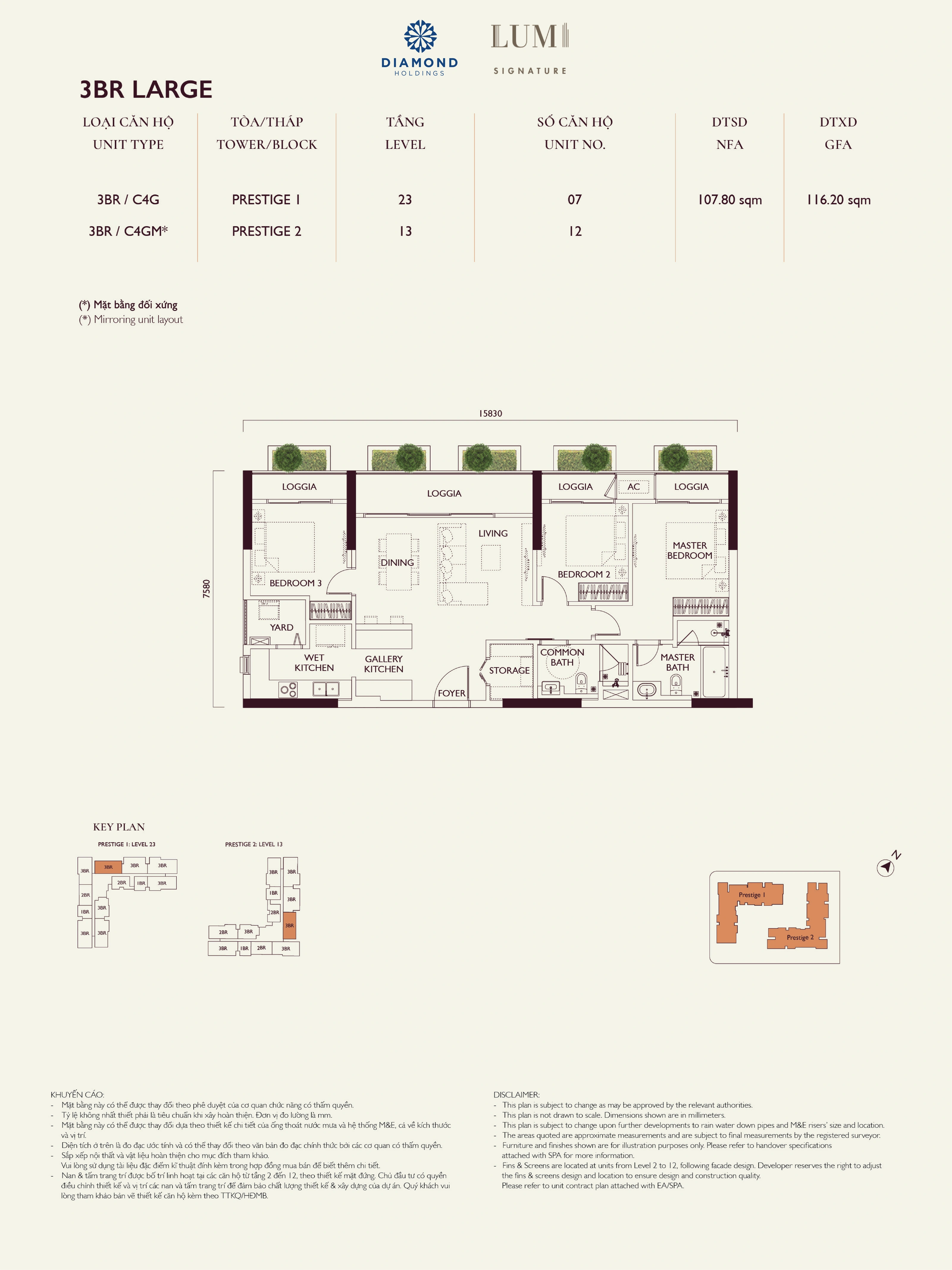 Bản vẽ layout căn hộ Lumi Prestige số 10, loại 3BR LARGE, 3 phòng ngủ, NFA 107.80 m² và GFA 116.20 m²