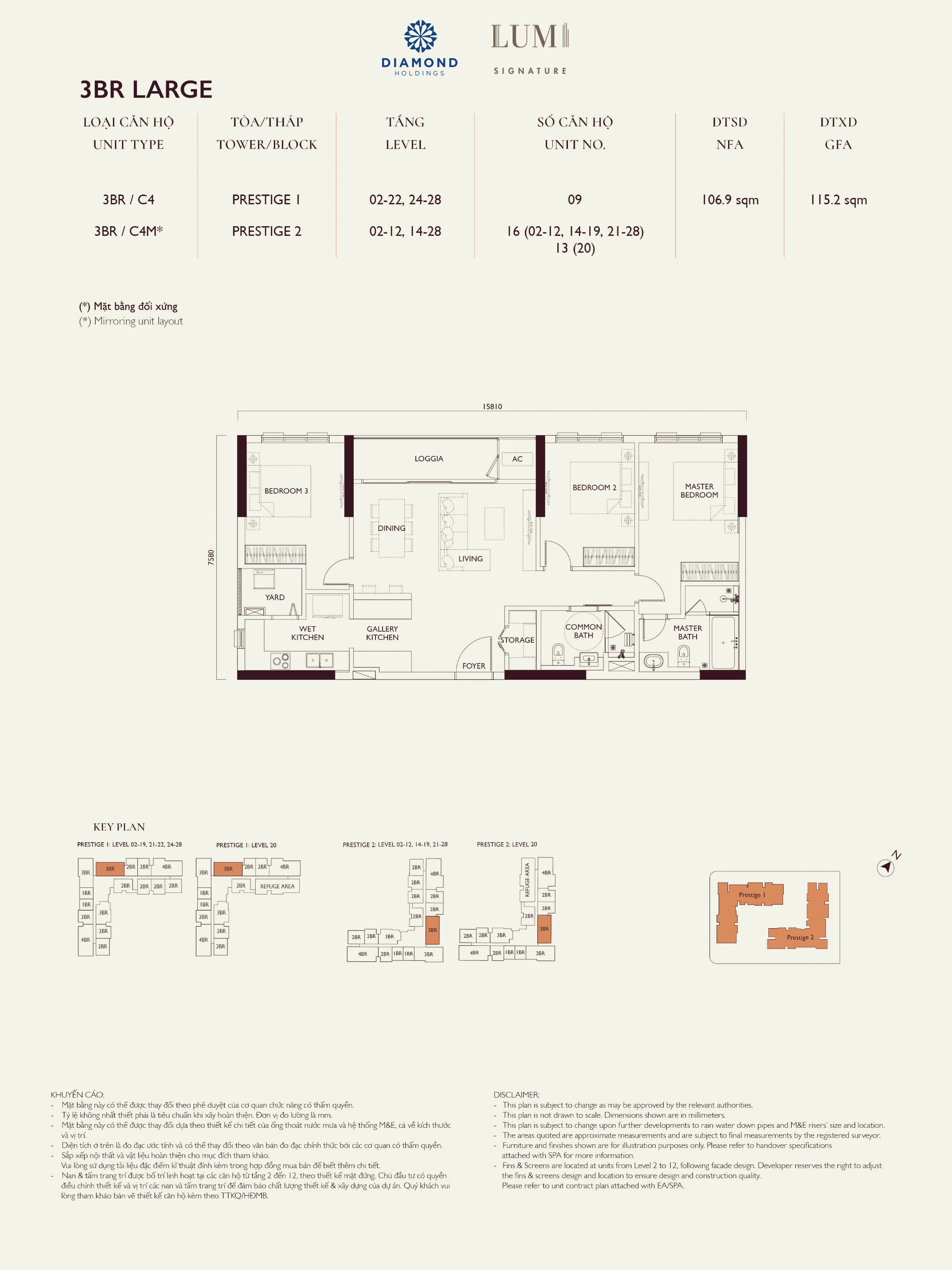 Bản vẽ layout căn hộ Lumi Prestige số 11, loại 3BR LARGE, 3 phòng ngủ, NFA 106.9 m² và GFA 115.2 m²