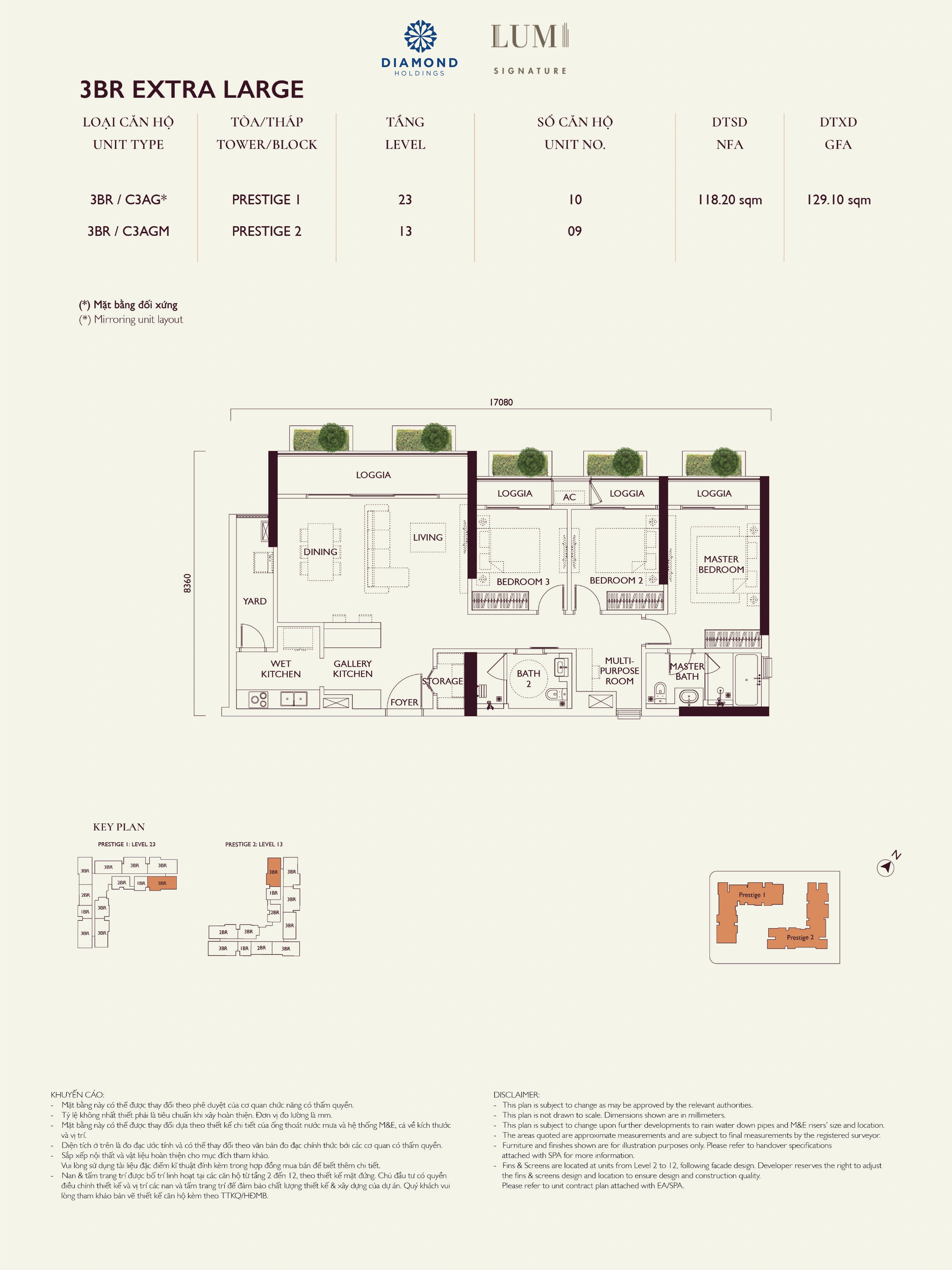 Bản vẽ layout căn hộ Lumi Prestige số 12, loại 3BR EXTRA LARGE, 3 phòng ngủ, NFA 118.20 m² và GFA 129.10 m²