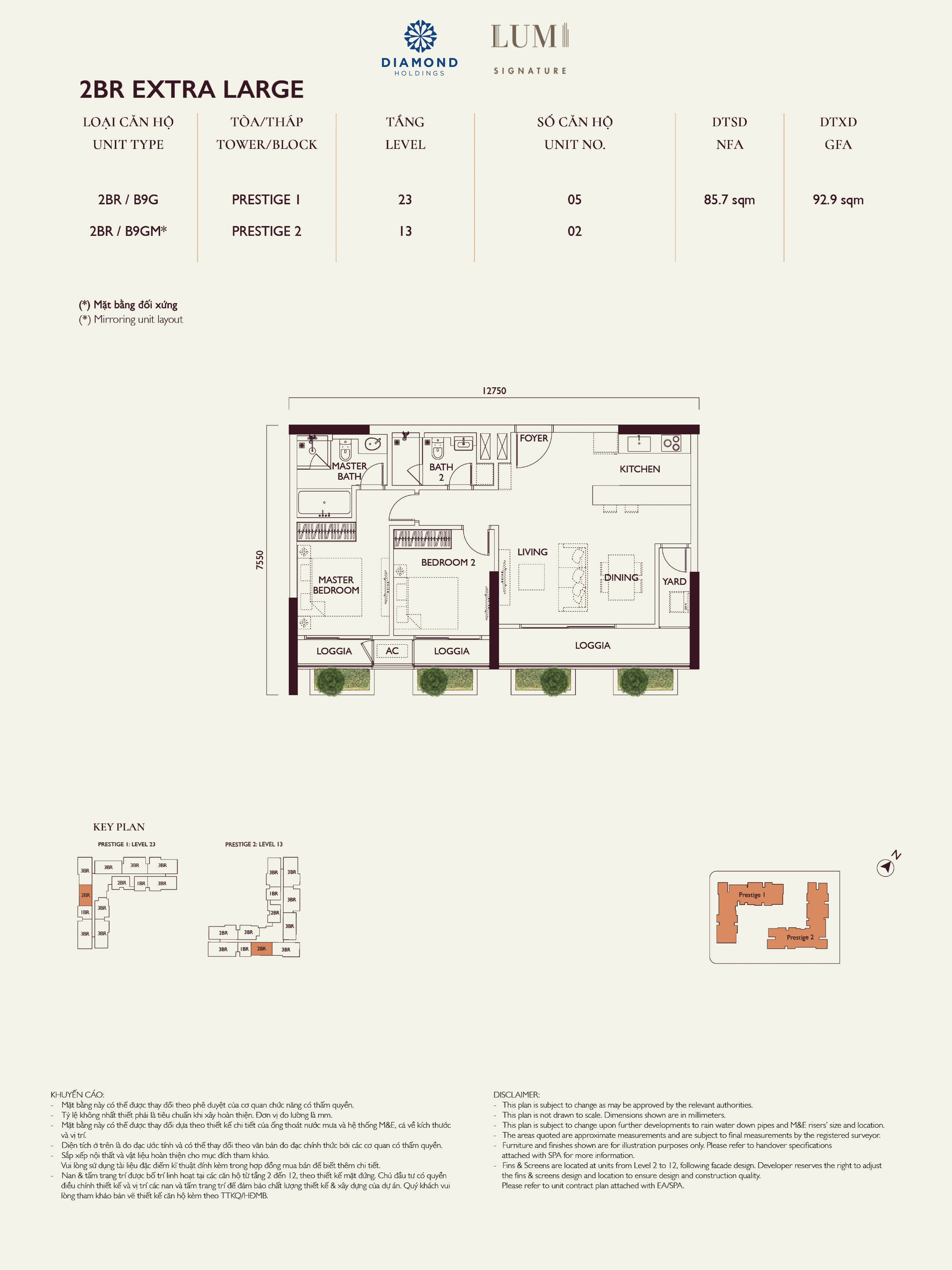 Bản vẽ layout căn hộ Lumi Prestige số 13, loại 2BR EXTRA LARGE, 2 phòng ngủ, NFA 85.7 m² và GFA 92.9 m²