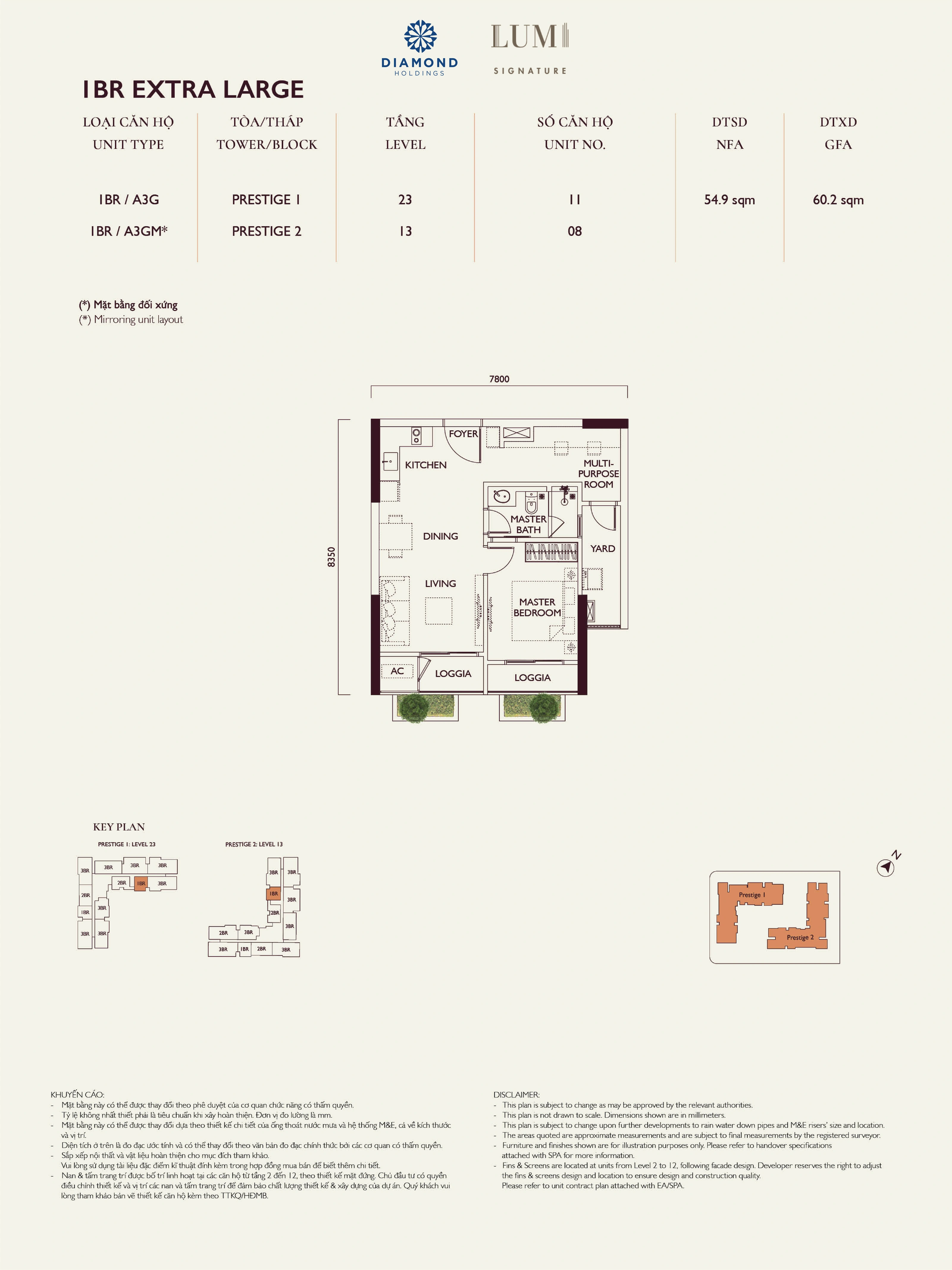 Bản vẽ layout căn hộ Lumi Prestige số 15, loại 1BR EXTRA LARGE, 1 phòng ngủ, NFA 54.9 m² và GFA 60.2 m²