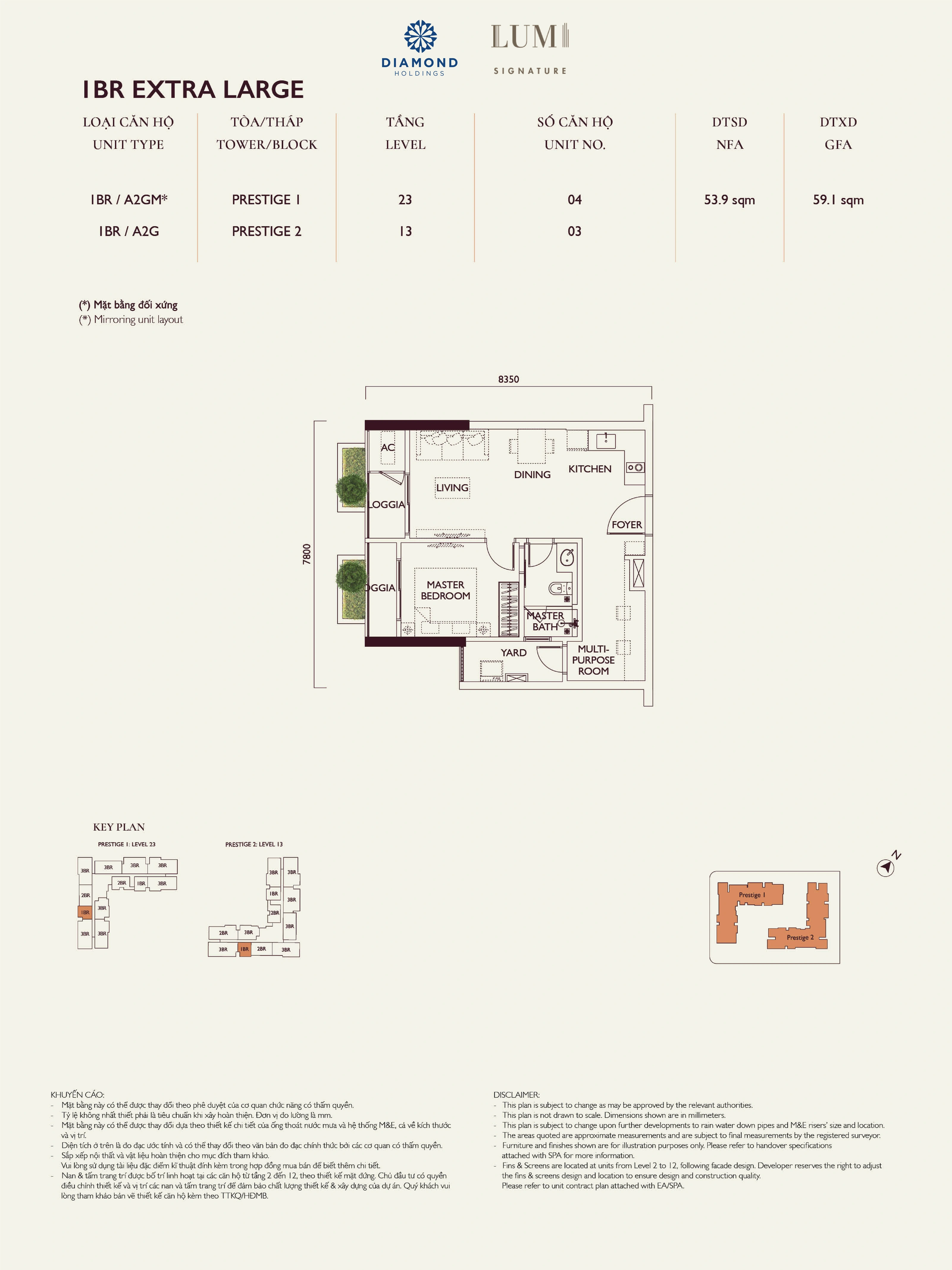 Bản vẽ layout căn hộ Lumi Prestige số 16, loại 1BR EXTRA LARGE, 1 phòng ngủ, NFA 53.9 m² và GFA 59.1 m²