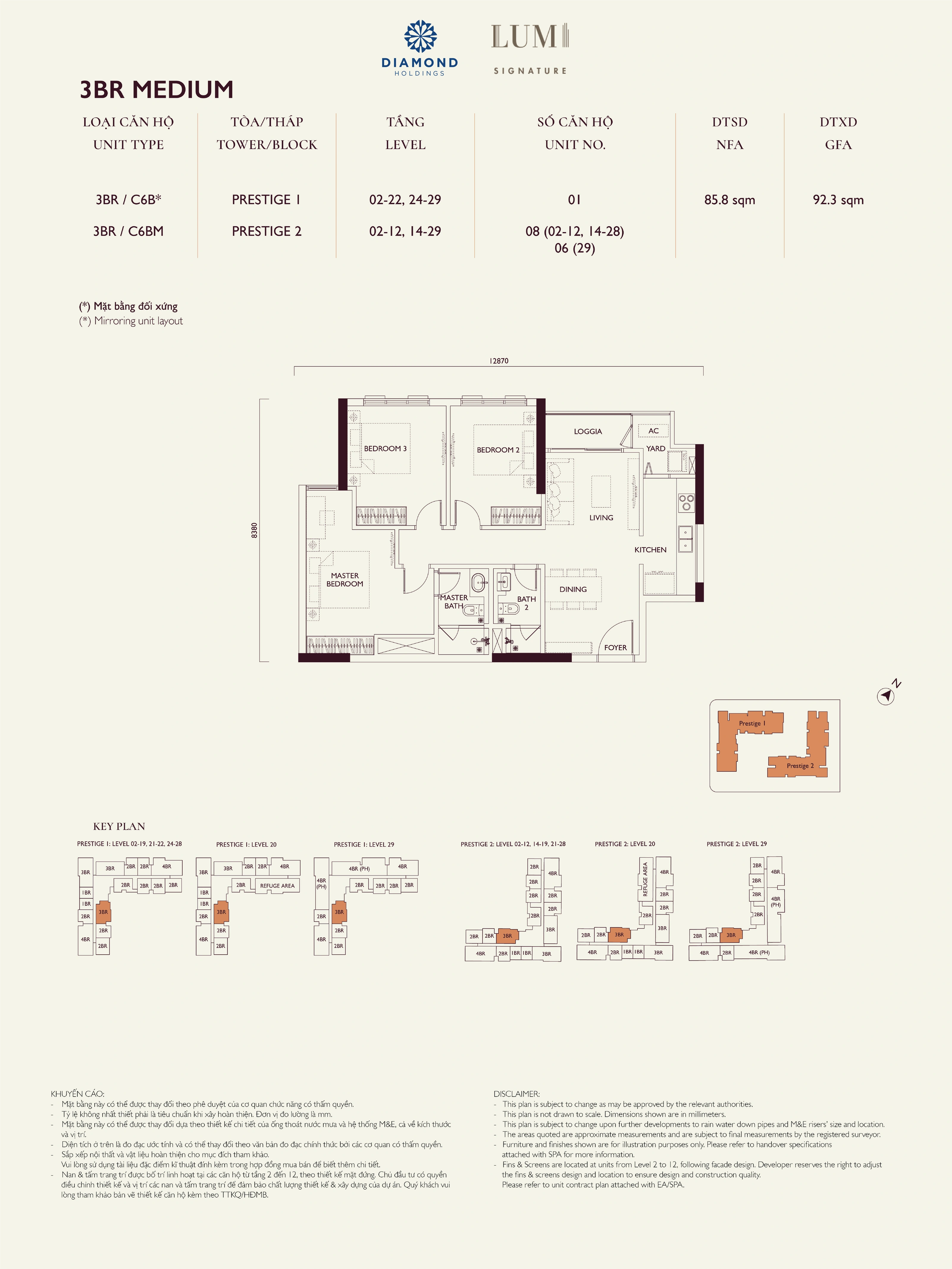 Bản vẽ layout căn hộ Lumi Prestige số 17, loại 3BR MEDIUM, 3 phòng ngủ, NFA 85.8 m² và GFA 92.3 m²