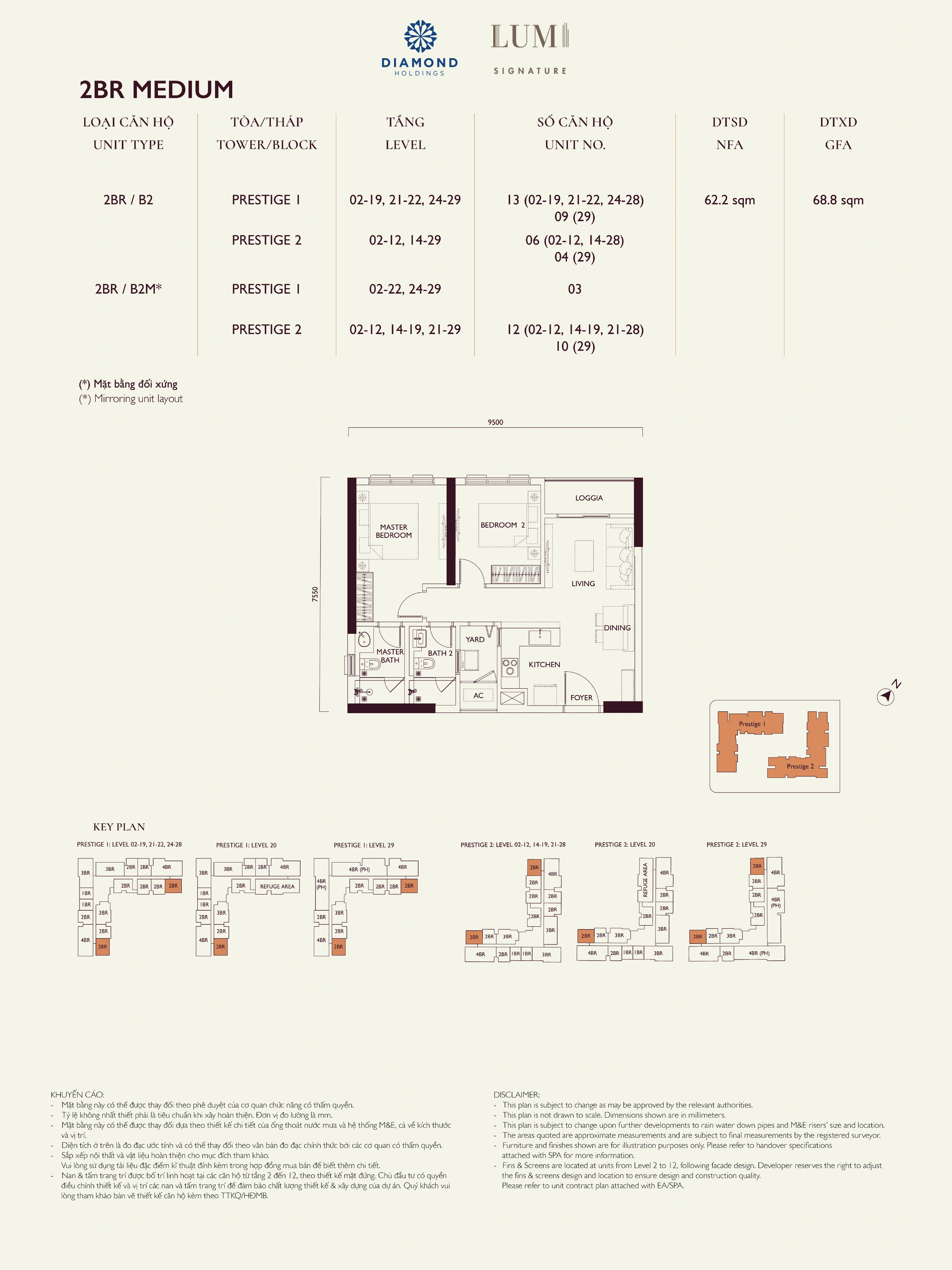 Bản vẽ layout căn hộ Lumi Prestige số 18, loại 2BR MEDIUM, 2 phòng ngủ, NFA 62.2 m² và GFA 68.8 m²