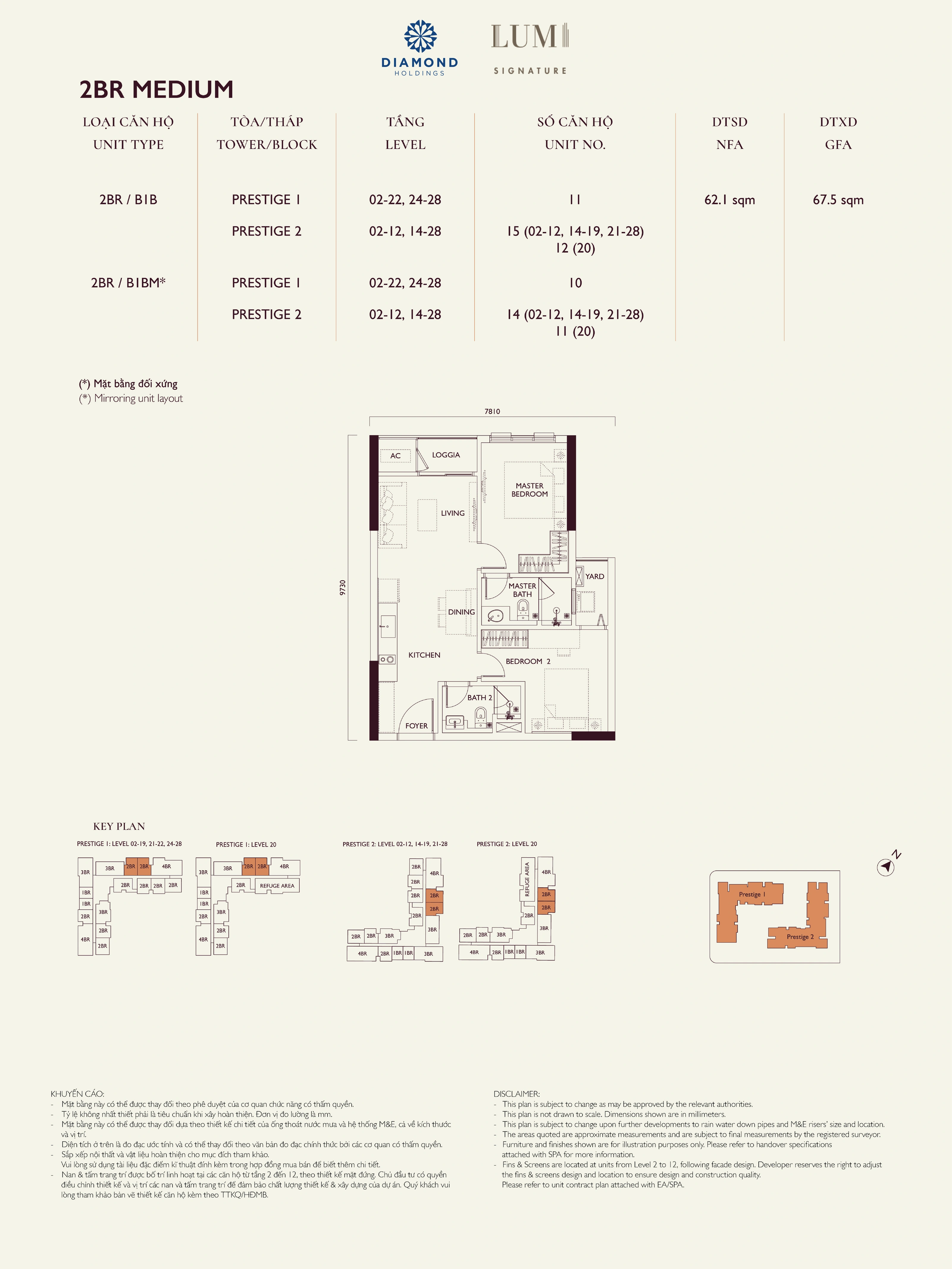 Bản vẽ layout căn hộ Lumi Prestige số 19, loại 2BR MEDIUM, 2 phòng ngủ, NFA 62.1 m² và GFA 67.5 m²