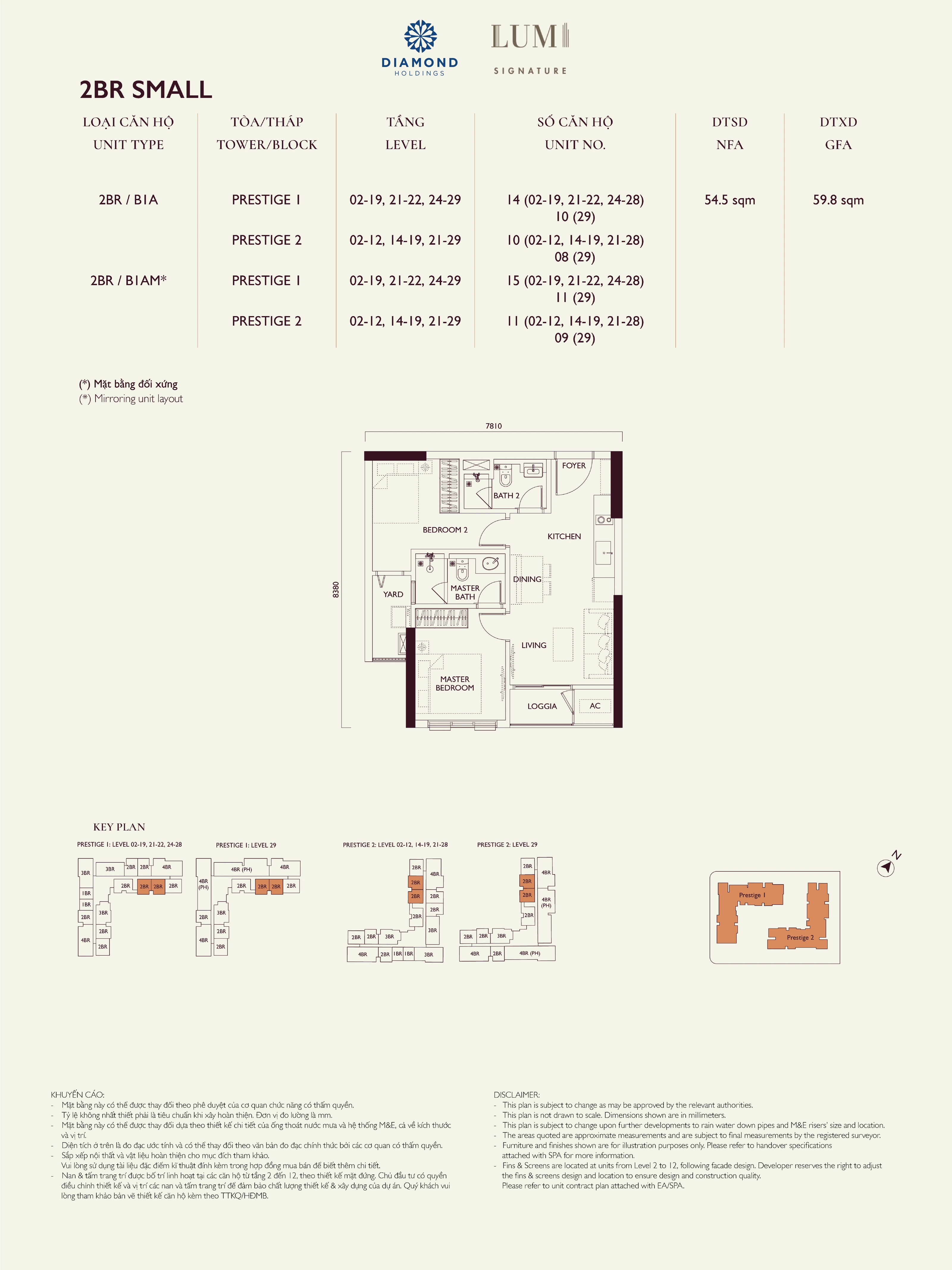 Bản vẽ layout căn hộ Lumi Prestige số 21, loại 2BR SMALL, 2 phòng ngủ, NFA 54.5 m² và GFA 59.8 m²