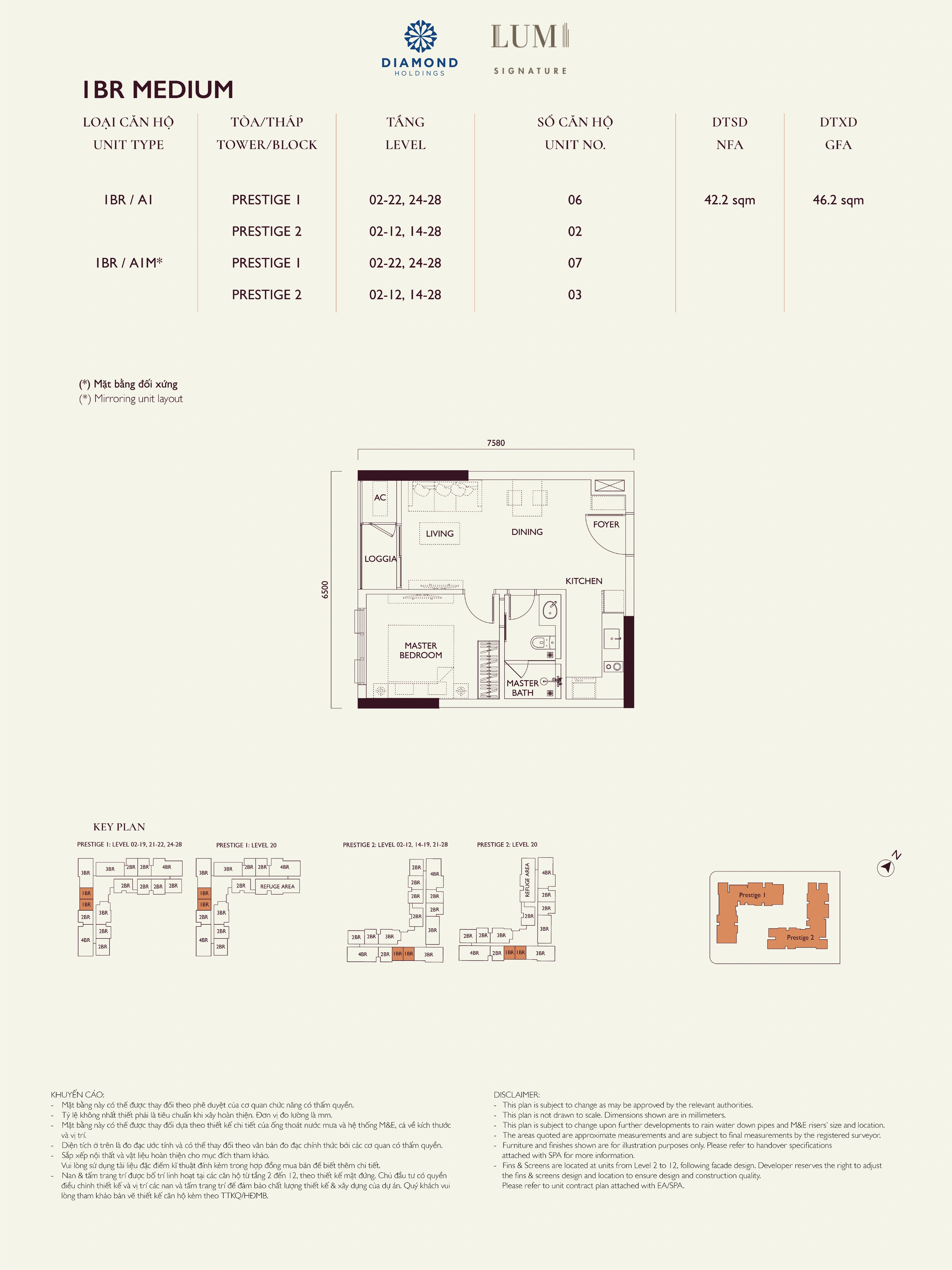 Bản vẽ layout căn hộ Lumi Prestige số 22, loại 1BR MEDIUM, 1 phòng ngủ, NFA 42.2 m² và GFA 46.2 m²