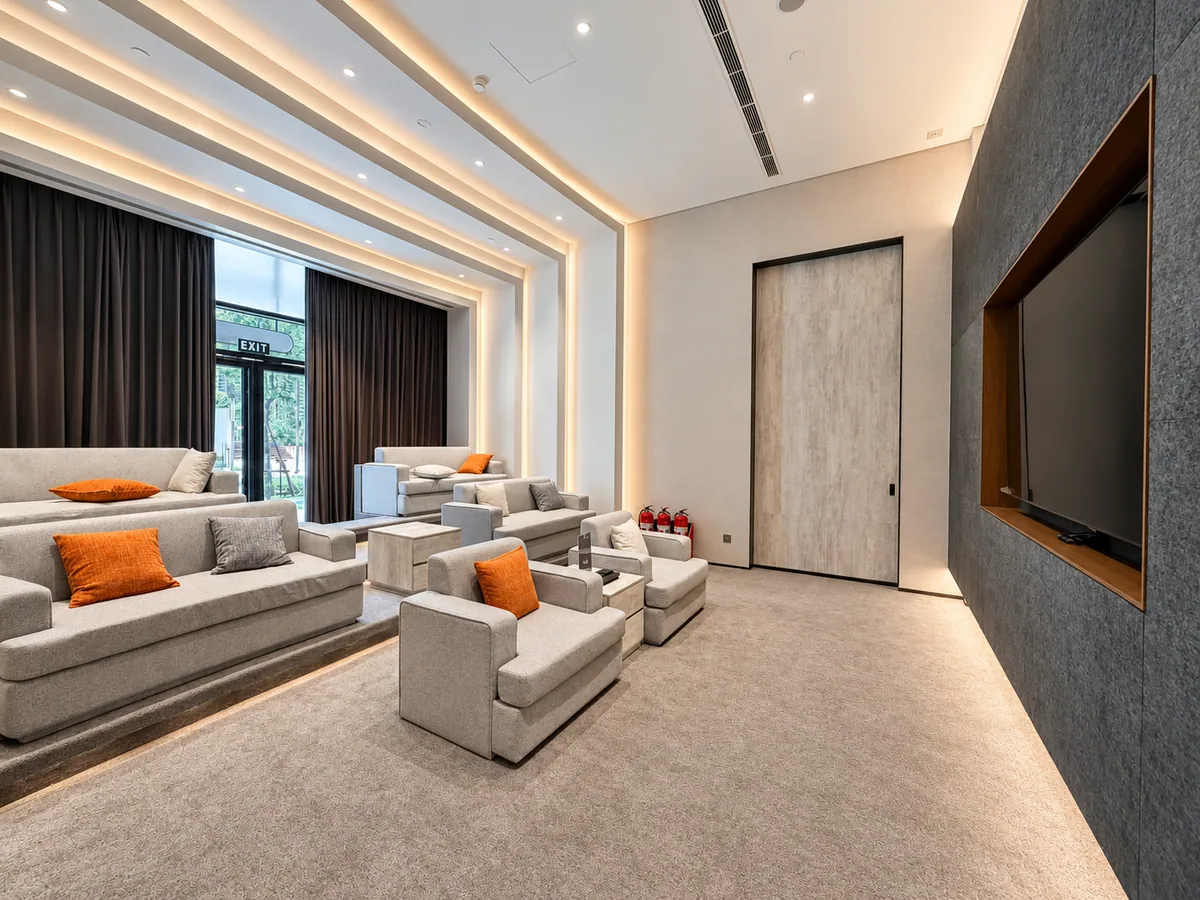 Phòng sinh hoạt chung với sofa và màn hình giải trí